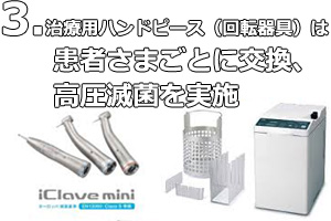 治療用ハンドピース（回転器具）は患者さまごとに交換、高圧滅菌を実施